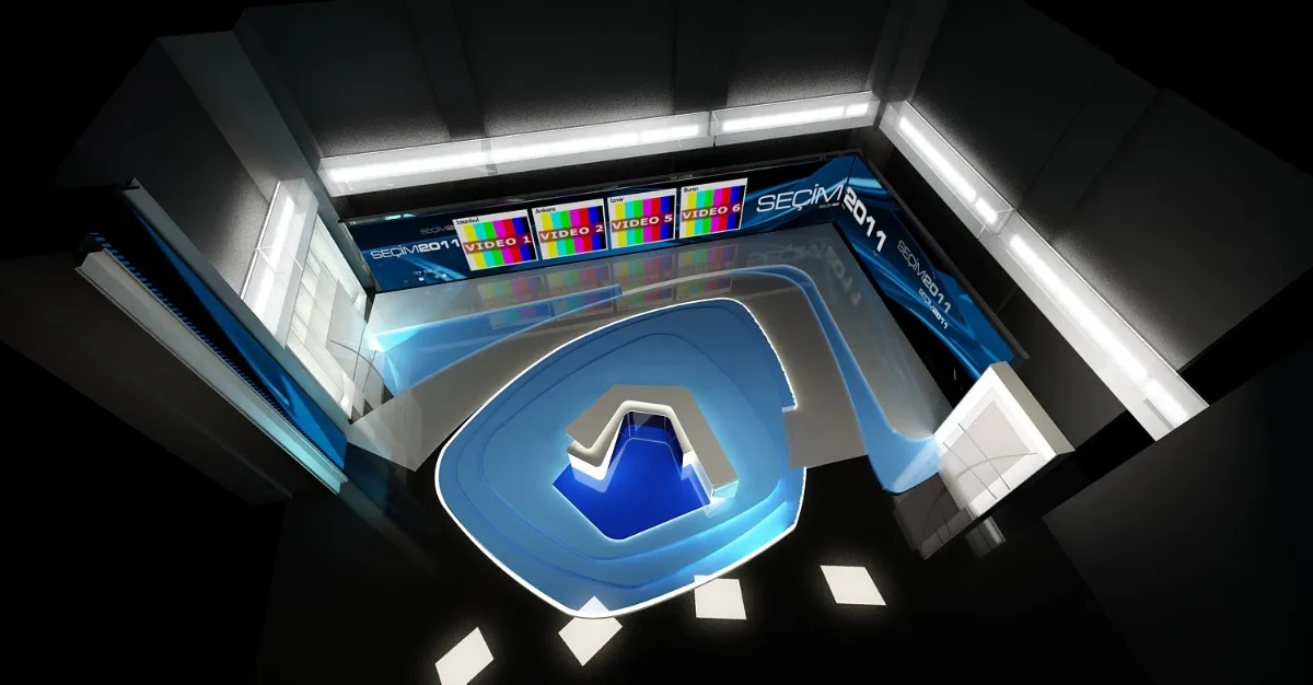 Modern studio used for news presentation: Instantly conveying current events. The News Studio incorporates Video Wall Graphic Designs, which consist of multiple screens within the set design. These designs are carefully crafted to ensure compatibility with other graphic elements such as the lower third and opener, creating a cohesive visual experience.