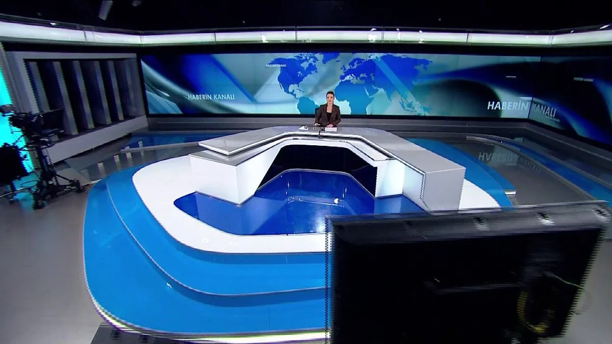 News studio environment: Technological infrastructure and professional set used for news presentation. The News Studio incorporates Video Wall Graphic Designs, which consist of multiple screens within the set design. These designs are carefully crafted to ensure compatibility with other graphic elements such as the lower third and opener, creating a cohesive visual experience.