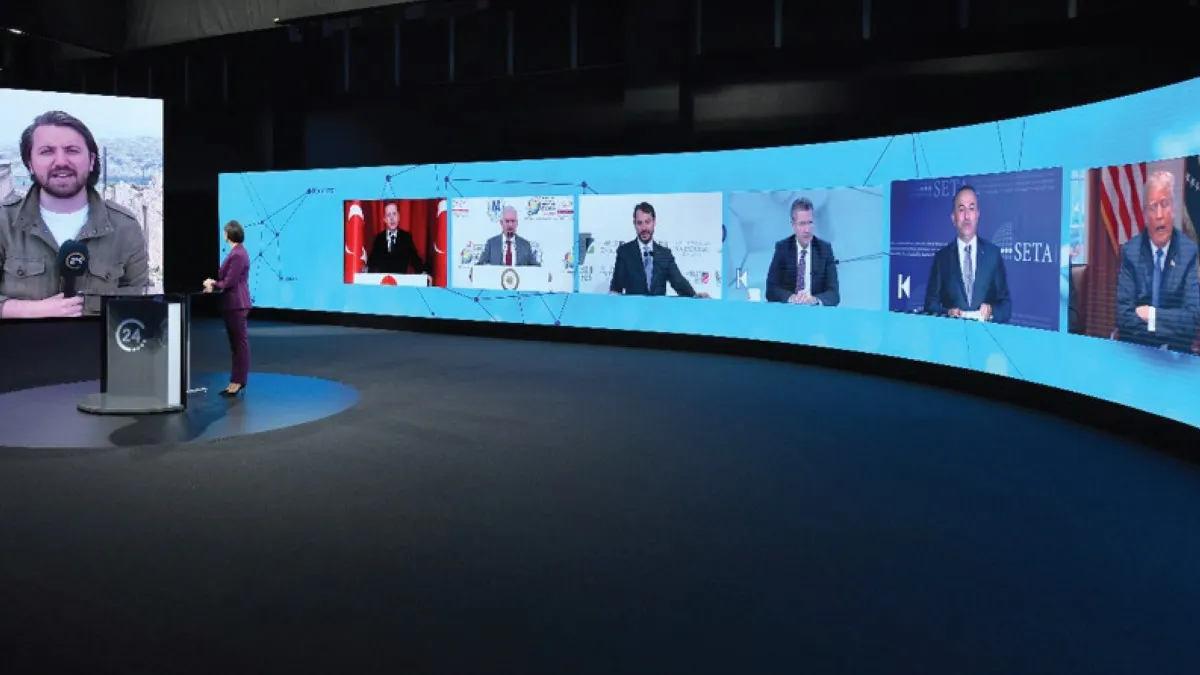 News studio scene: Space used to deliver events to viewers. The News Studio incorporates Video Wall Graphic Designs, which consist of multiple screens within the set design. These designs are carefully crafted to ensure compatibility with other graphic elements such as the lower third and opener, creating a cohesive visual experience.